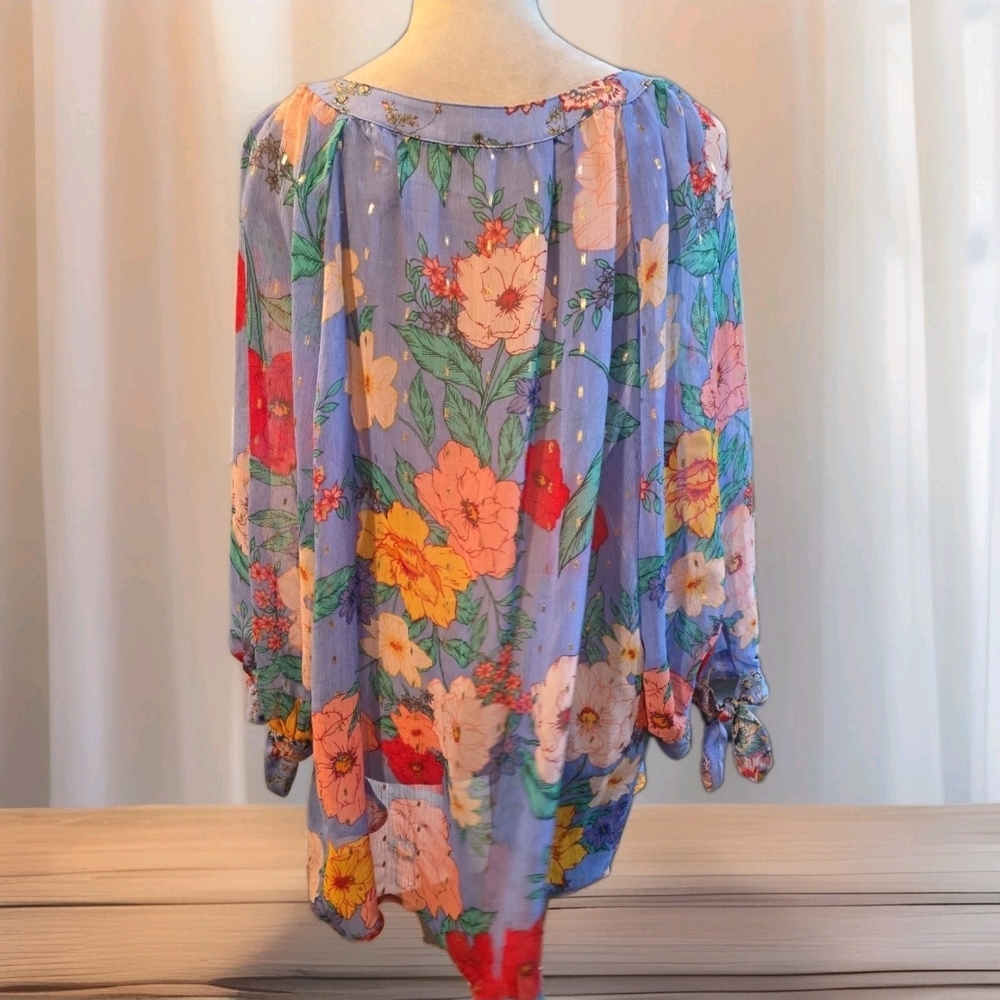 114 Floral Blue, Red And Gold Sheer Boho Women's Top - Picture 3 of 4